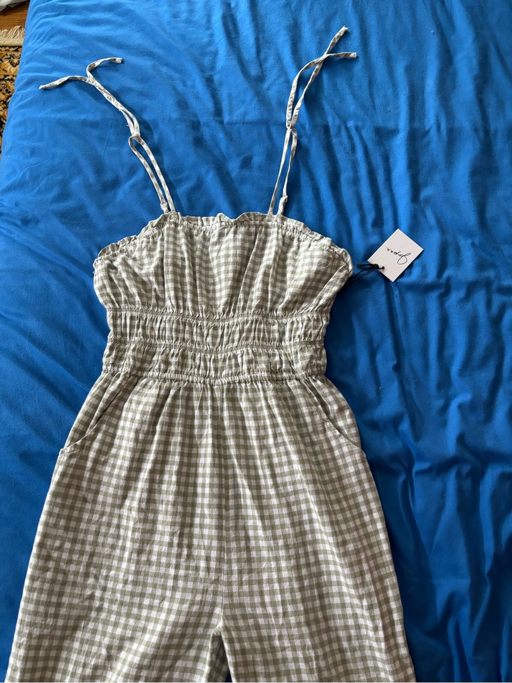 Japna Sage Green and White Gingham Smocked Jumpsuit